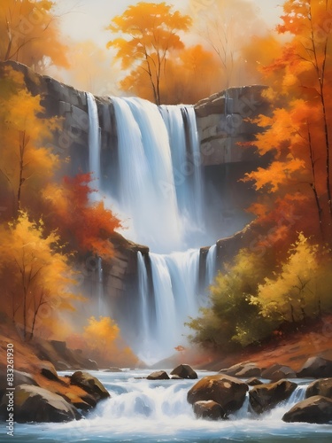 Autumn Waterfall Landscape Nature Oil Painting Art