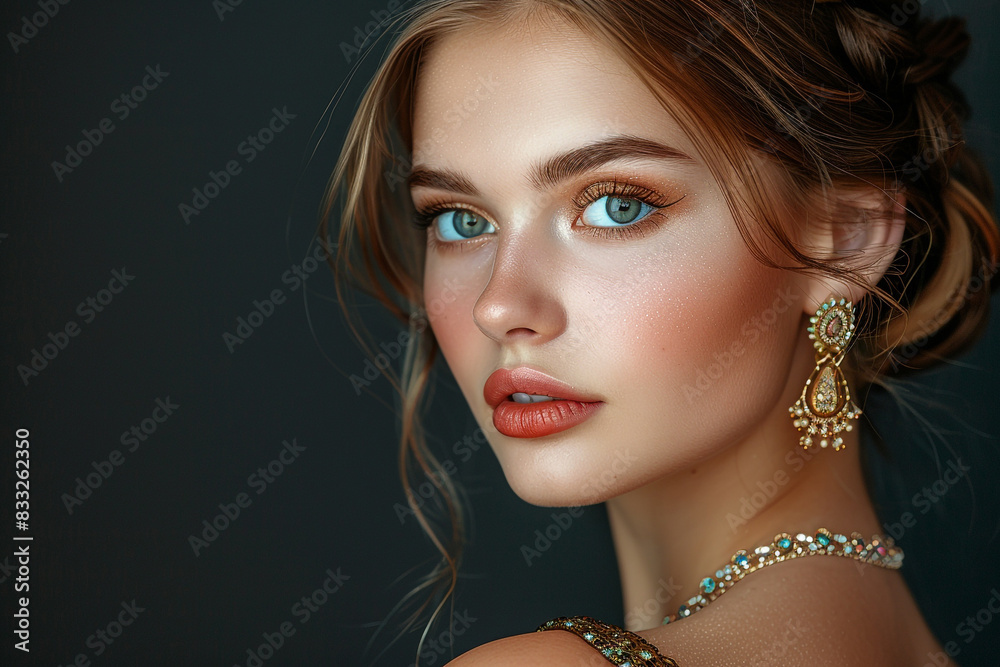 Portrait of beautiful young woman with jewelry on black background.