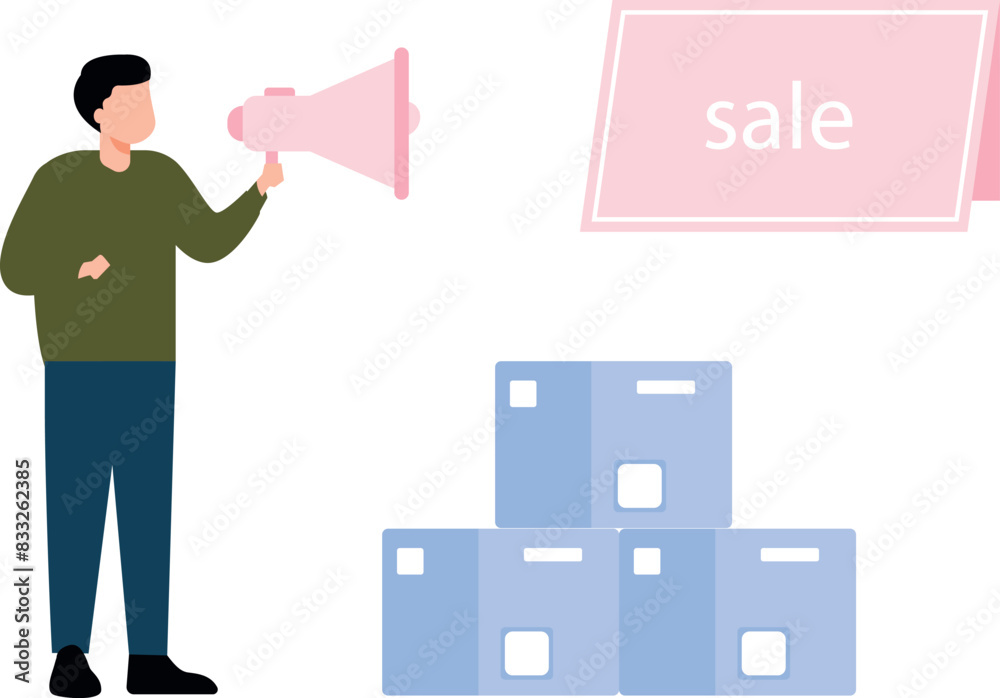 A boy is announcing a sale on packages. A boy is announcing a sale on packages.