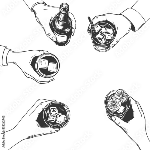 Friends having drink at bar, pub and hang out together. Hands holding glasses of alcohol drinks. Mates chilling, colleagues relaxing after work. Friendship weekend pastime vector illustration