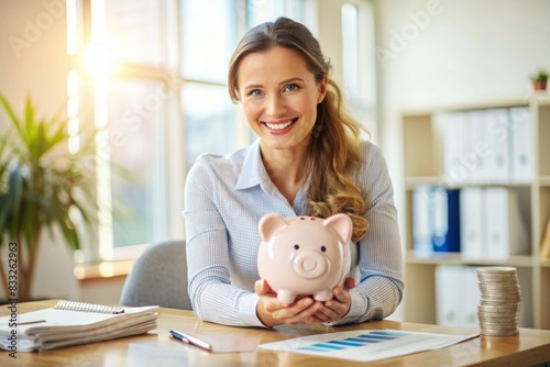 Woman are sitting at the desk with piggy bank. Concept of managing the family budget.