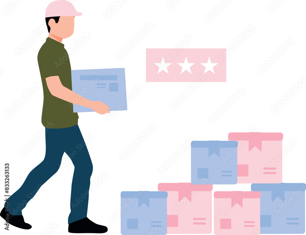 The boy is arranging the delivery packages. The boy is arranging the delivery packages.