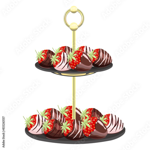 Chocolate-covered strawberries on a two-tier dessert plate on a white background.Vector composition for holiday designs, restaurants.