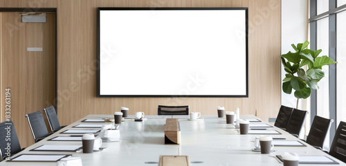 Large landscape blank TV screen in a minimalist and clean boardroom, business meeting in progress.