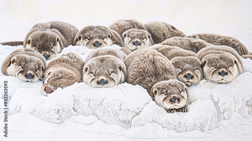 Obraz premium Whimsical watercolor painting of a playful otter family with distinctive whiskers, round ears, and webbed paws, captured with prime lens and natural light