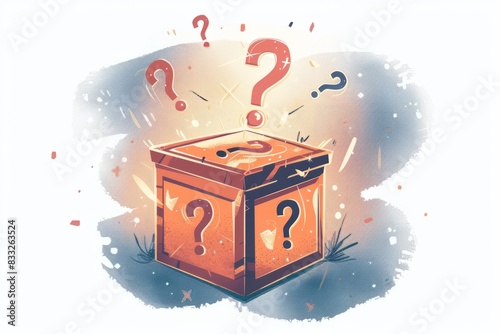 A fun mystery box with question marks flying out of it, fun quiz box, logo, illustration