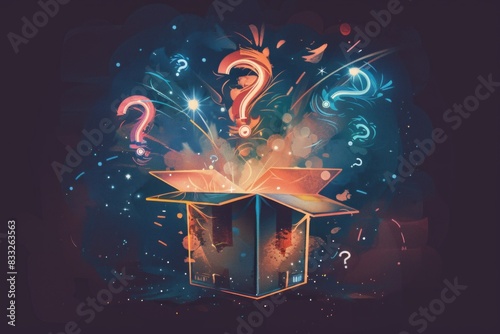A fun mystery box with question marks flying out of it, fun quiz box, logo, illustration