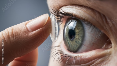 Close-up of an eye and a lens on a finger, worn to improve vision