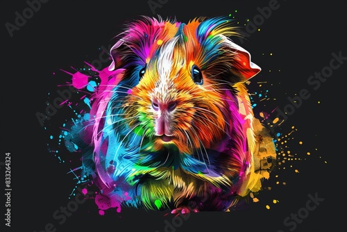In neon and pop art style, with bright bursts of color against a black backdrop, a guinea pig sits on a black platform. CG animation. photo
