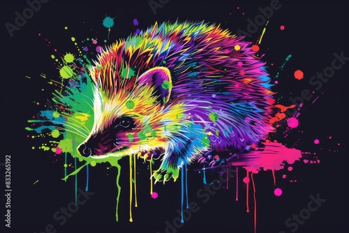 With bright colors and watercolor splashes, the character Hedgehog is shown on a black background in a pop art style. © Maxim Borbut