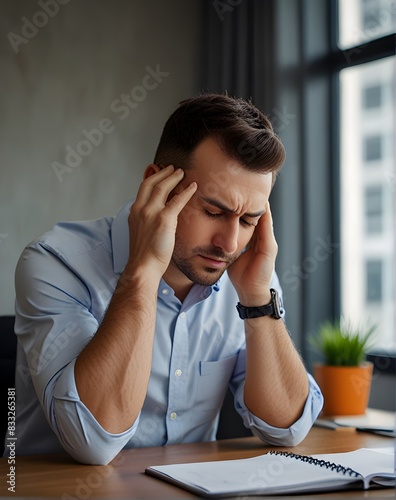 A man in shirt having headache in modern office. Health stress work life balance mental social workplace upset depress depression frustration sad emotion emotional