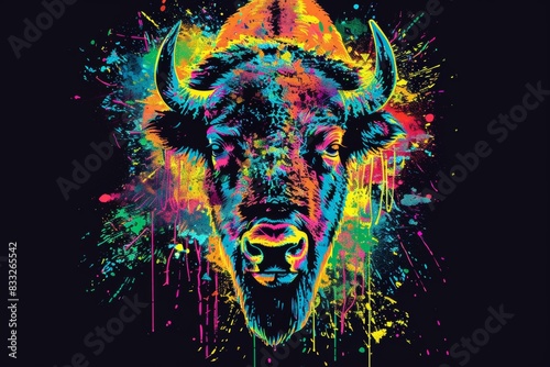 This abstract, neon-colored image of an American bison is set on a black background and painted with watercolors. © Maxim Borbut
