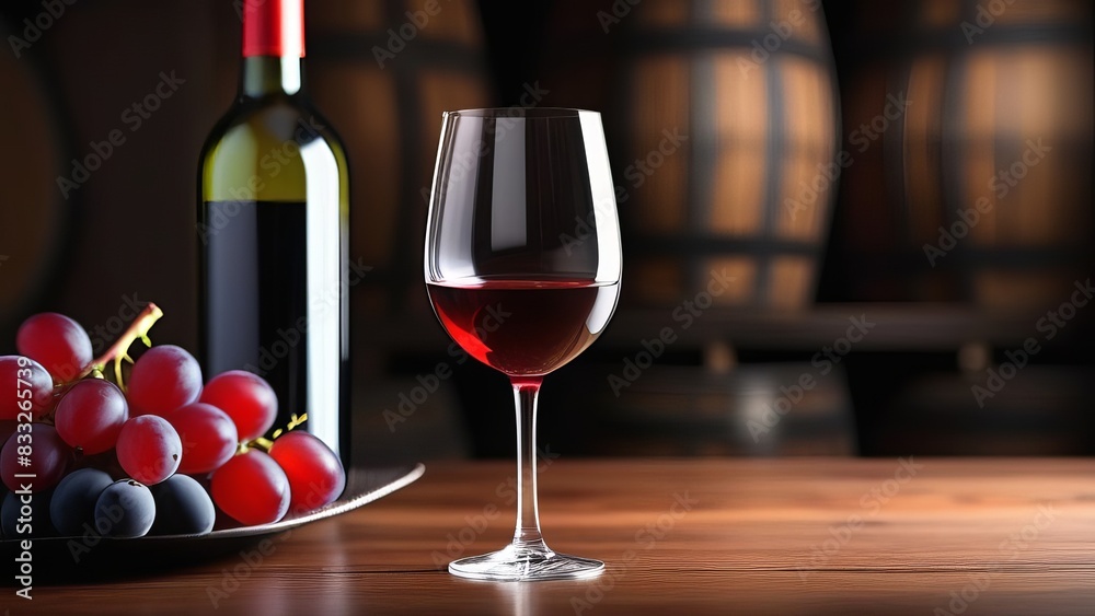 A bottle and glass of red wine on a wooden table, surrounded by grapes. The setting exudes a rustic charm, ideal for a cozy evening. The deep red wine looks inviting and rich A bottle and glass of red wine on a wooden table, surrounded by grapes. The setting exudes a rustic charm, ideal for a cozy evening. The deep red wine looks inviting and rich