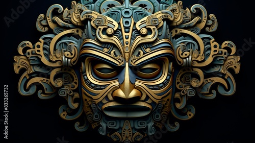 Intricate tribal mask with gold and turquoise hues on dark background
