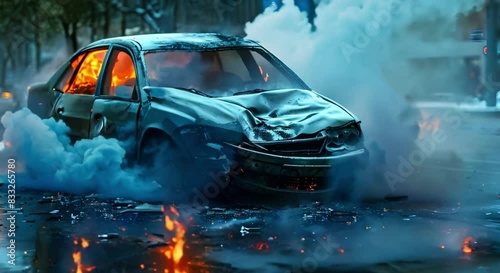 Vehicle Collides and Catches Fire on the Road. Concept Car Accident, Fire Hazard, Emergency Response, Road Safety photo