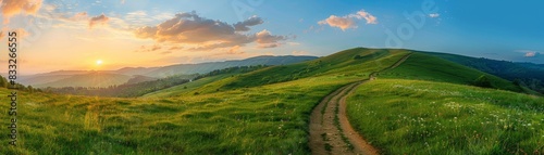 Picturesque winding path through a green grass field in hilly area in morning at dawn 