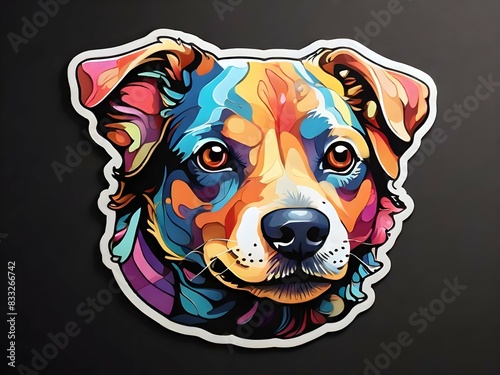 Cheerful multicolored dog sticker with a crisp white outline on a black background. Vibrant and fun design capturing joyful spirit. Perfect for eye-catching stock photography.