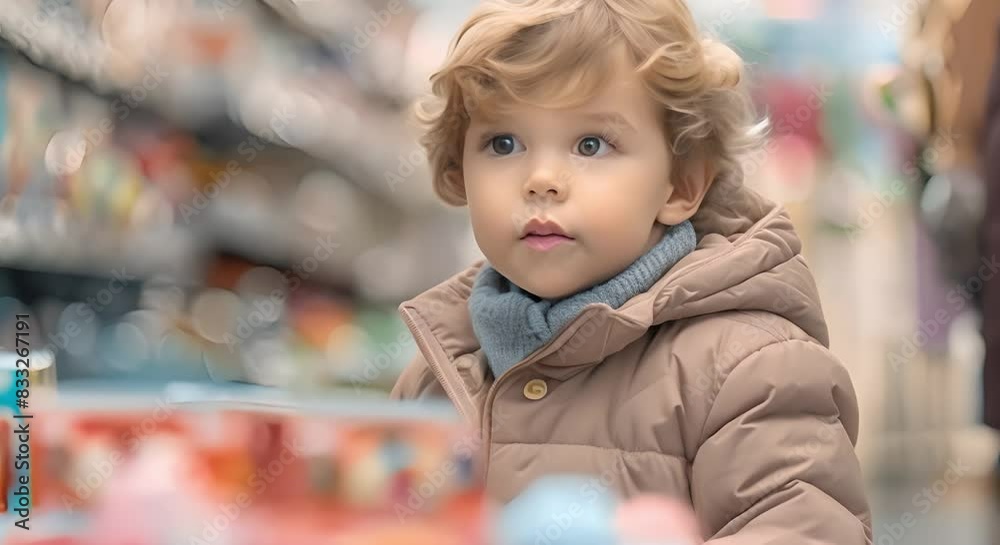 Child in puffer jacket captivated by toys in bustling store. Concept Childhood, Fashion, Toys, Shopping, Curiosity Child in puffer jacket captivated by toys in bustling store. Concept Childhood, Fashion, Toys, Shopping, Curiosity