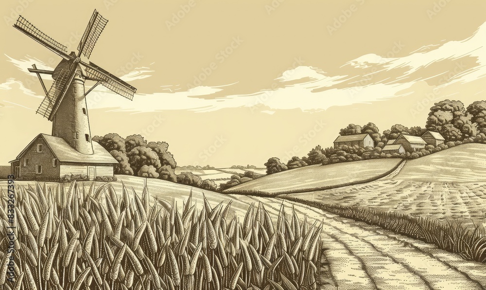 rural landscape with a windmill. farm and wheat field with harvest ...