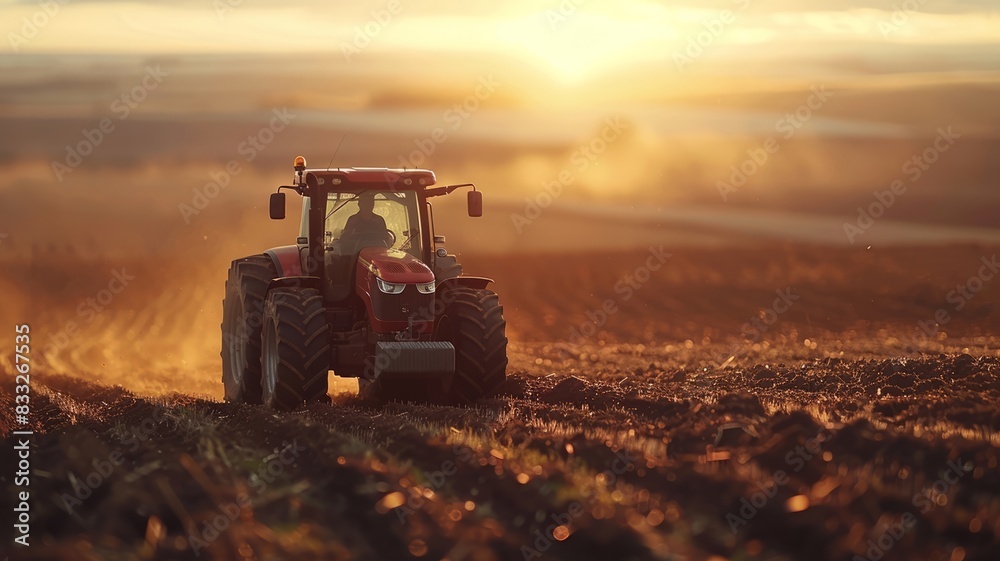 Early morning on the farm with red tractor turning over dark earth Early morning on the farm with red tractor turning over dark earth