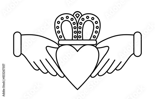 The Claddagh symbol vector illustration. Traditional symbol of love, friendship and loyalty. Two clasped hands holding a crowned heart line art.