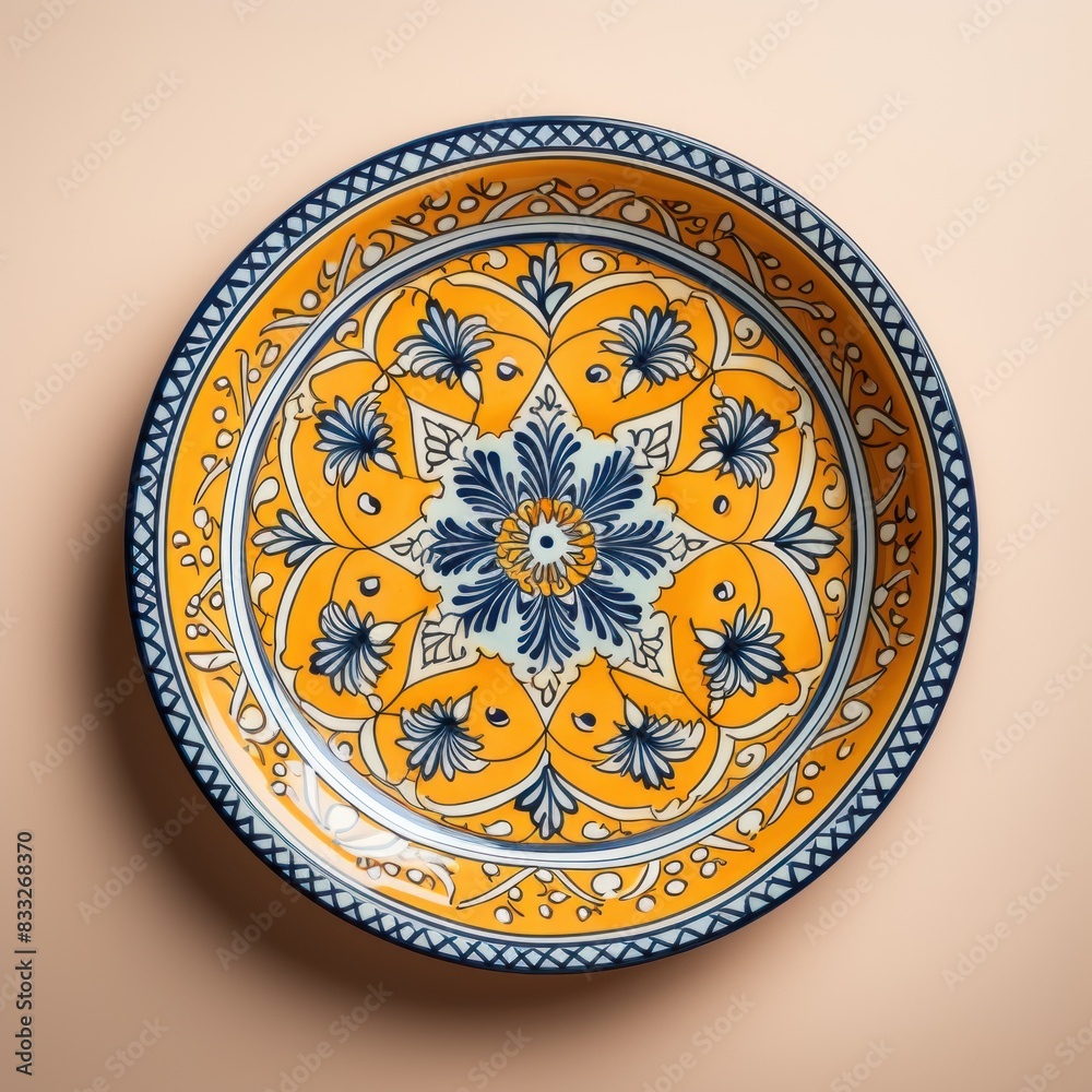 Obraz premium Decorative Moroccan ceramic hand painted plate, handmade, isolated, closeup top view.