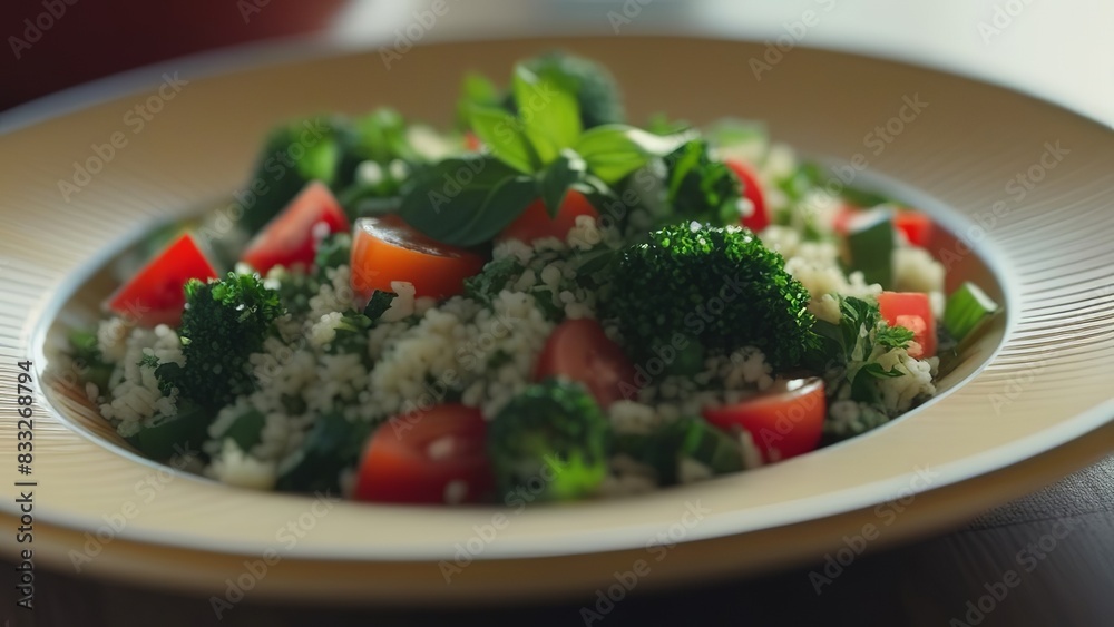 A fresh tabbouleh salad featuring parsley, tomatoes, and couscous, garnished with a sprig of mint. Served in a white bowl, this vibrant dish is perfect for a light and healthy meal A fresh tabbouleh salad featuring parsley, tomatoes, and couscous, garnished with a sprig of mint. Served in a white bowl, this vibrant dish is perfect for a light and healthy meal
