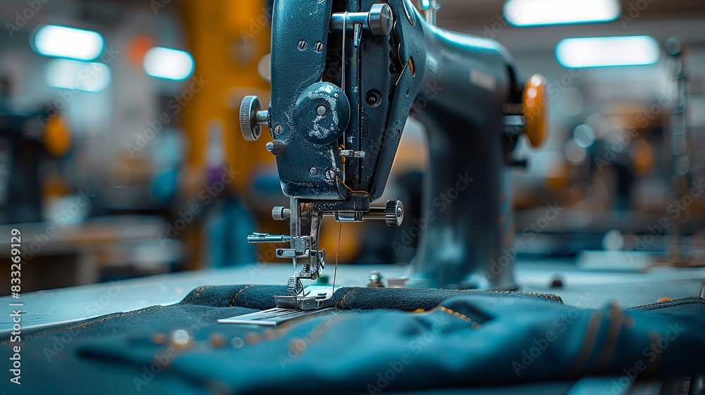 Fototapeta premium Detail of sewing machine and black leather under bright workshop lights