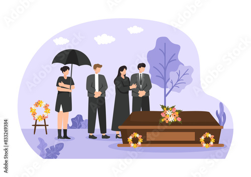 Funeral Ceremony Vector Illustration of Sad People in Black Clothes Standing by a Grave with Wreaths Around a Coffin in a Flat Cartoon Background