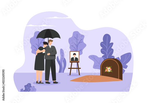 Funeral Ceremony Vector Illustration of Sad People in Black Clothes Standing by a Grave with Wreaths Around a Coffin in a Flat Cartoon Background