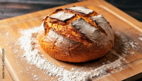 Du pain sur une planche de bois, fraîchement cuite. Il y a un peu de farine sur le plateau photo