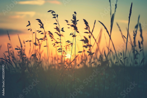 Silhouette of sun rising over tall grass in field of meadow with orange sun. Sunrise at the pasture