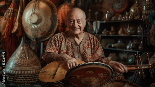 The picture of the ethnomusicologist holding the traditional guitar inside workshop that has been filled with musical instrument, ethnomusicologist require knowledge of world music and culture. AIG43. photo