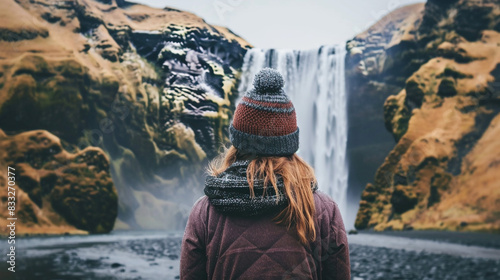 Woman overlooking waterfall at skogafoss Iceland wearing jacket and knit hat photo