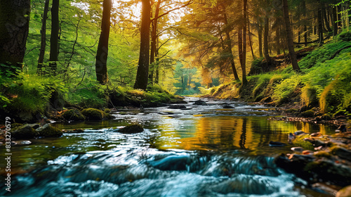 Contemporary Scenery Of River with Mossy Rocks In The Middle Of A Tropical Forest Landscape Background