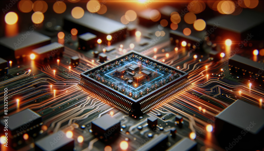 Obraz premium Close up Semiconductor chips and circuit boards for AI computer, Artificial intelligence and innovative advanced technology, quantum computing concept