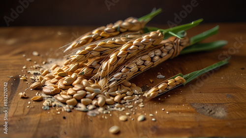 Photo of wheat grains and flour on a wooden table