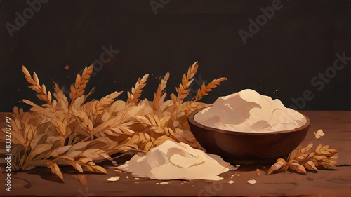 Photo of wheat grains and flour on a wooden table