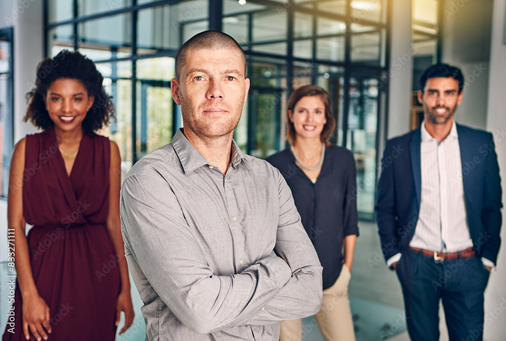 Portrait, confidence and business people in office with businessman, leadership and project management. Teamwork, professional men and women together with pride, arms crossed and support at company Portrait, confidence and business people in office with businessman, leadership and project management. Teamwork, professional men and women together with pride, arms crossed and support at company