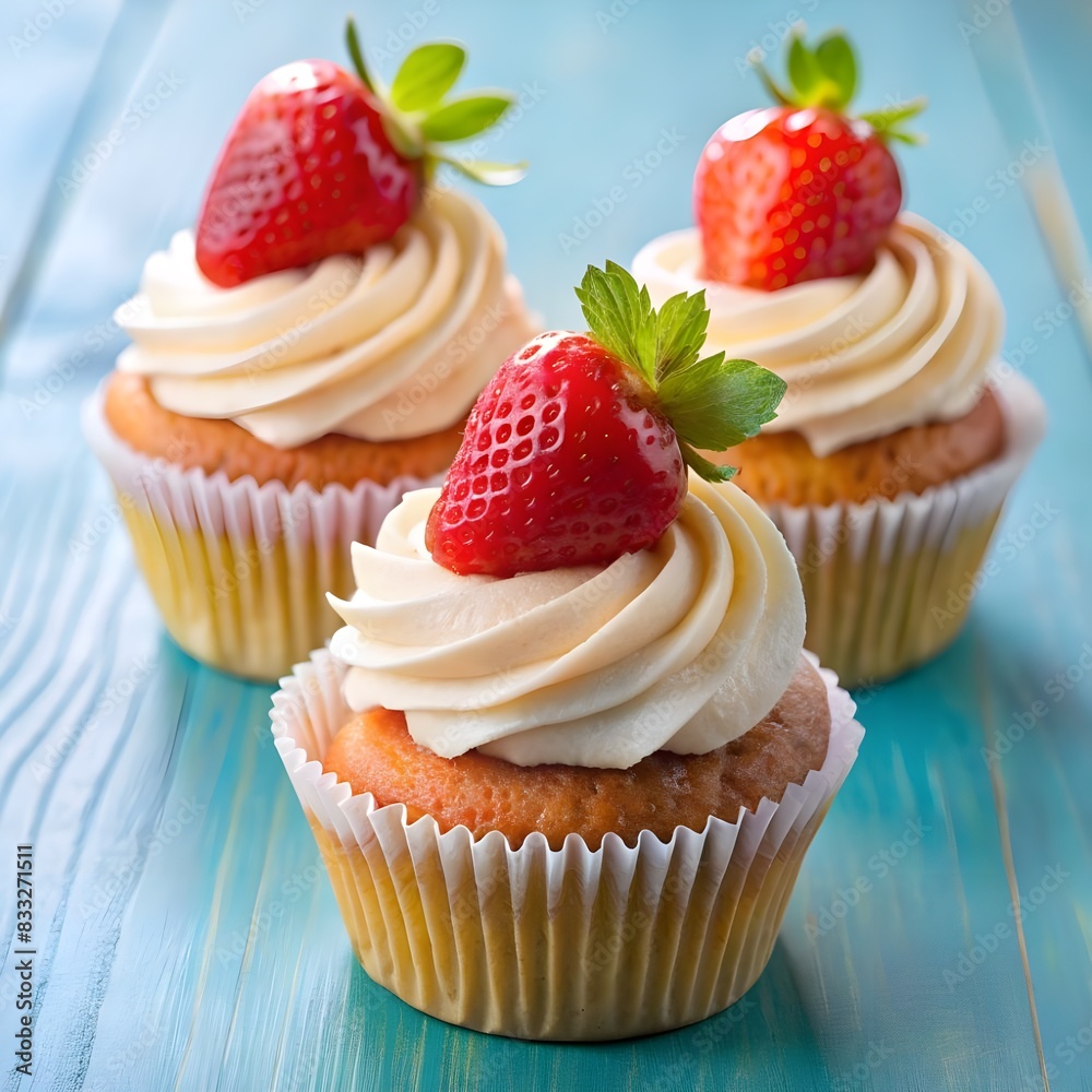 a cupcake with a strawberry on top and a strawberry a cupcake with a strawberry on top and a strawberry