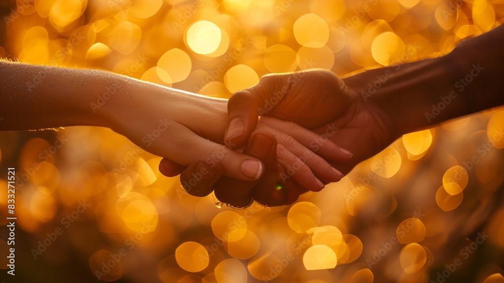 Obraz premium Two hands in pinky promise against a golden bokeh background