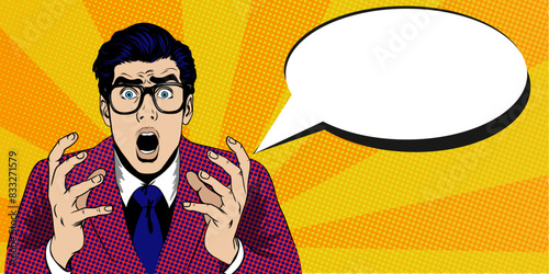 Shocked young man with wide open eyes and open mouth. surprised Businessman in suit with speech bubble. vector illustration in retro pop art comic style. Template banner with Copy space for text.