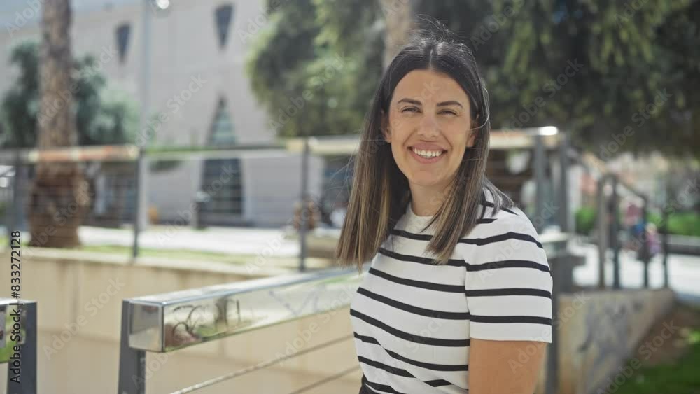 A young attractive brunette woman smiles in an urban park setting on a sunny day wearing a striped shirt. A young attractive brunette woman smiles in an urban park setting on a sunny day wearing a striped shirt.