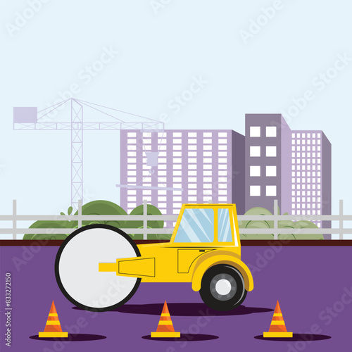 Yellow road roller driving in the city scene