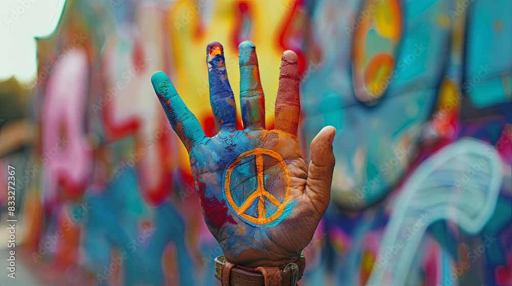 Obraz premium The sign of peace (pacifk or peace cross) is painted in bright colors on the man's palm. September 21 is the International Day of Peace