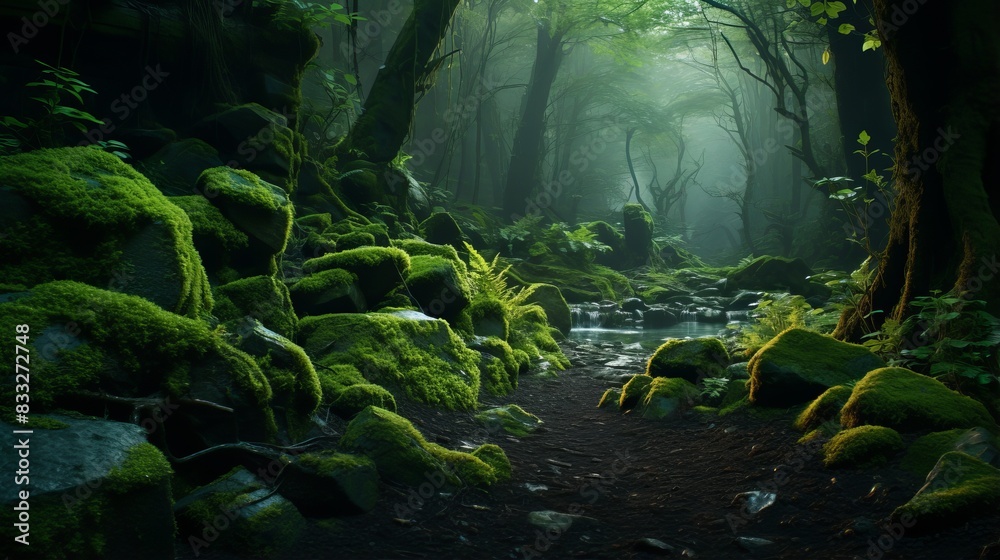 Serene forest path with moss-covered rocks in misty woodland setting Serene forest path with moss-covered rocks in misty woodland setting