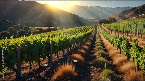 Rows of grape vines extend into the distance with a slight bend to the right. Beyond the vines are mountains and the sun can be seen falling behind them. photo