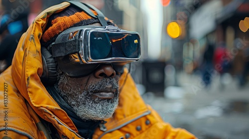 Editorial photo of a homeless individual wearing VR goggles on a city street, blending realism and technology photo