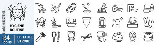 Hygiene Routine web line icons. Contains such Icons as washing hands, shower, antibacterial soap and more. Editable stroke.