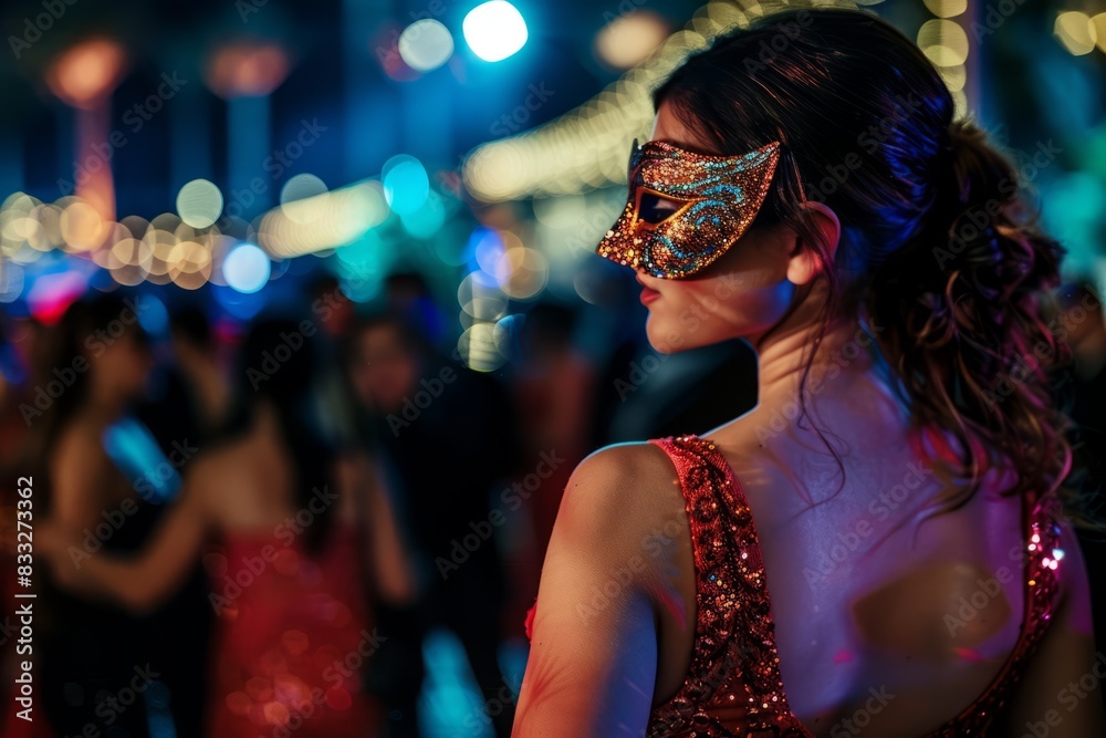 An enchanting masquerade ball featuring elegant attendees in stunning gowns and intricate masks with vibrant bokeh lighting An enchanting masquerade ball featuring elegant attendees in stunning gowns and intricate masks with vibrant bokeh lighting